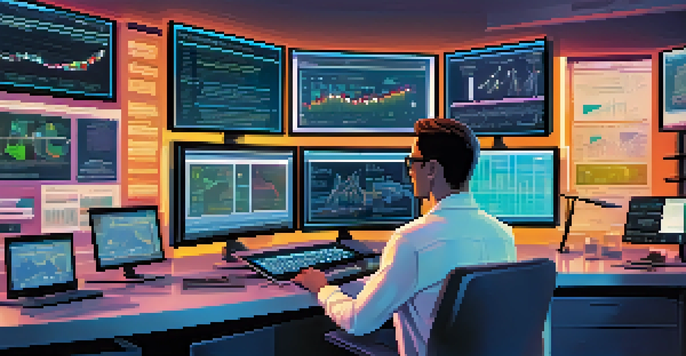 A researcher analyzing clinical data on multiple computer screens with graphs and charts in a modern laboratory setting.