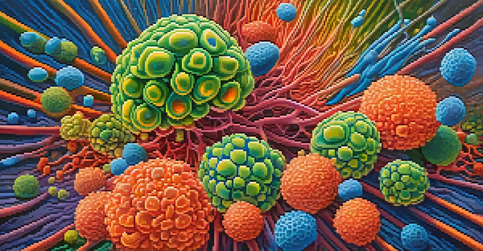 An artistic representation of the human immune system attacking colorful cancer cells, set against a gradient background of blues and greens.