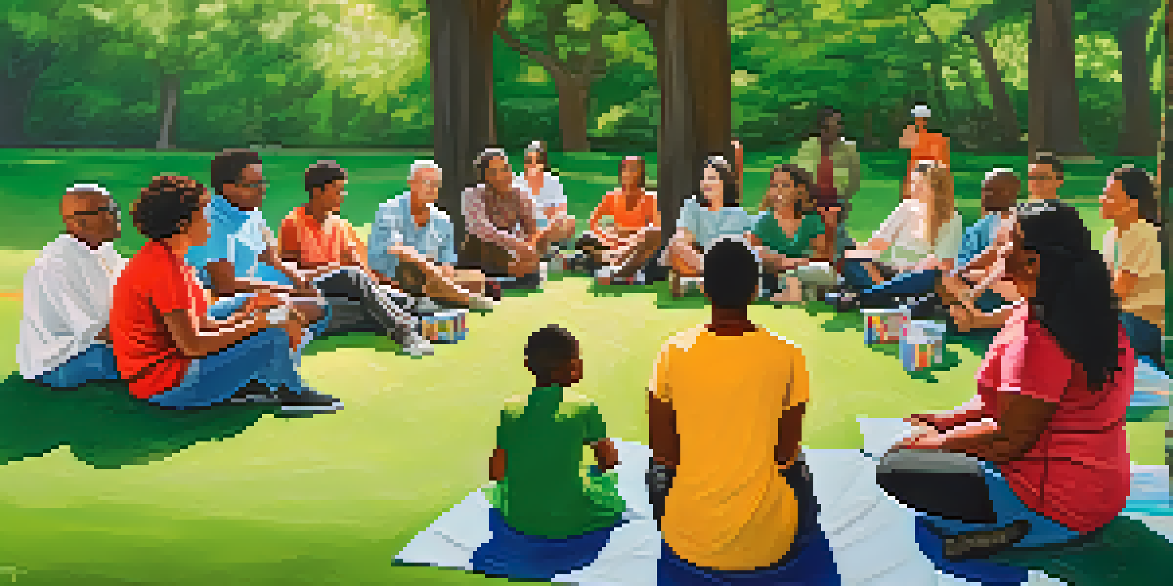A diverse group of people sitting in a park, attending a mental health awareness workshop, surrounded by trees and colorful banners.