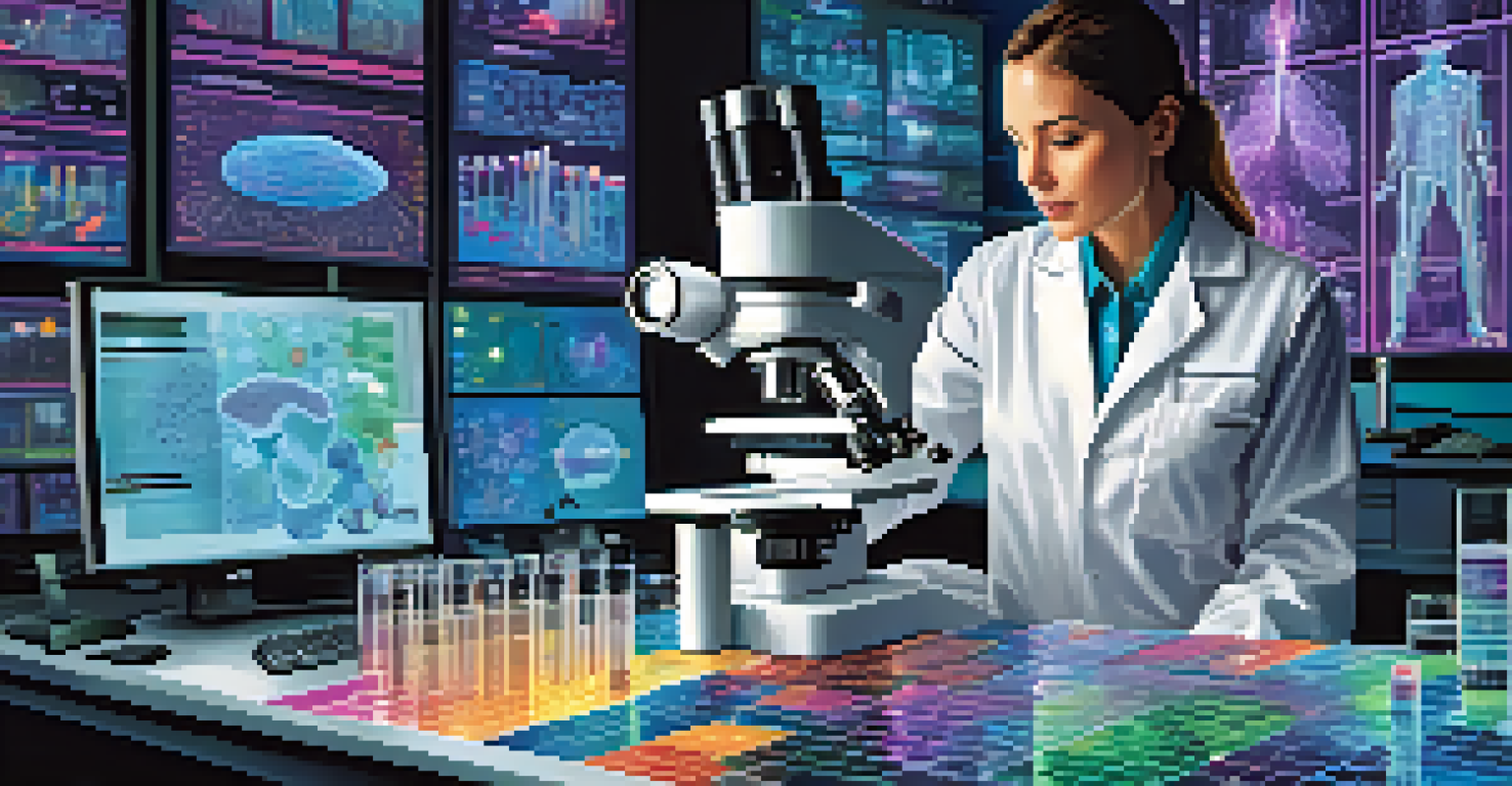 A researcher in a lab examining samples under a microscope, surrounded by advanced lab equipment and research data charts.