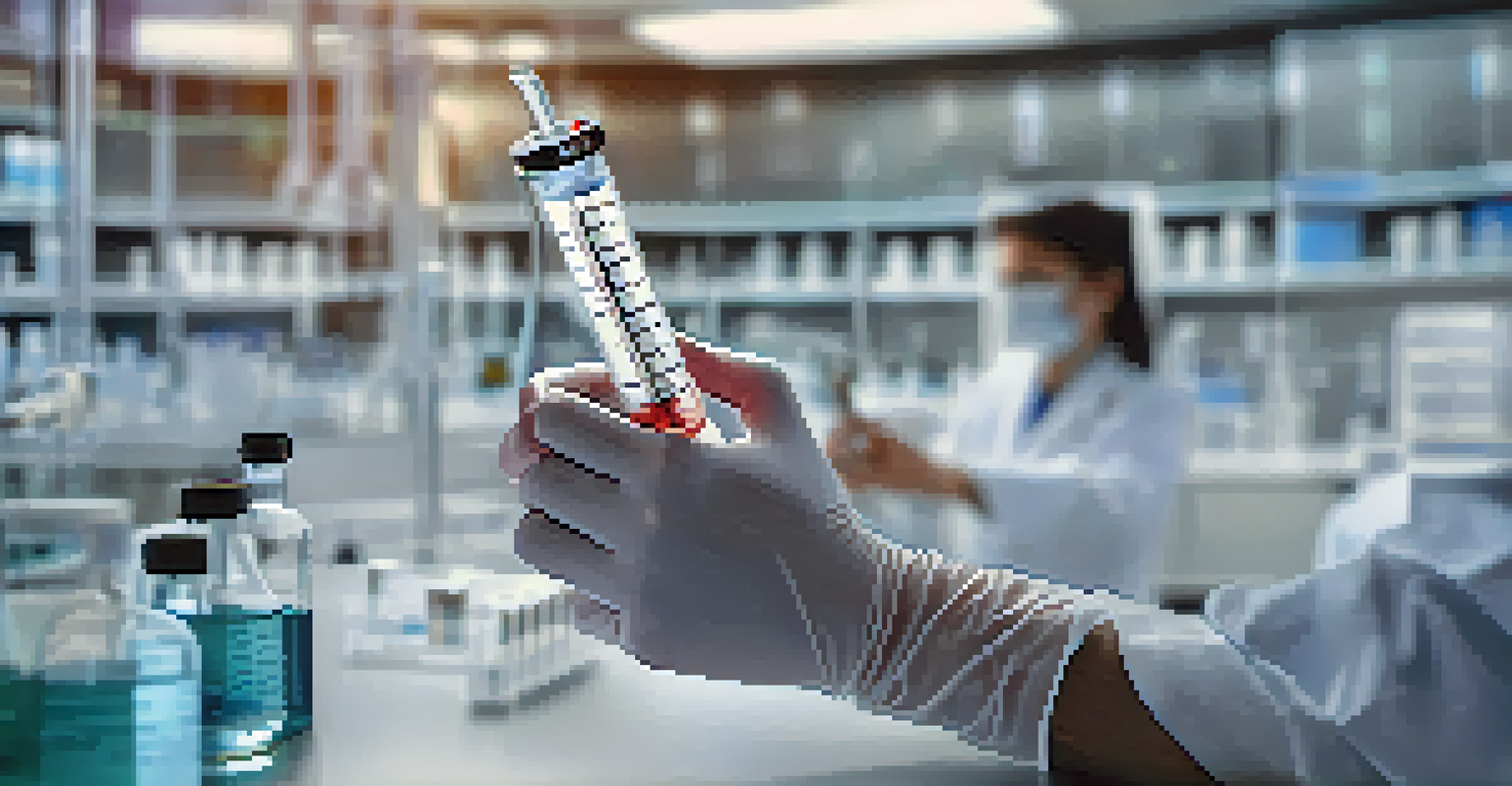A close-up of a researcher's hands holding a syringe filled with a vaccine, set against a blurred high-tech laboratory background.