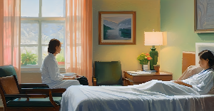 A hospital room with a patient in bed receiving support from a healthcare provider, while a family member reads in the background.