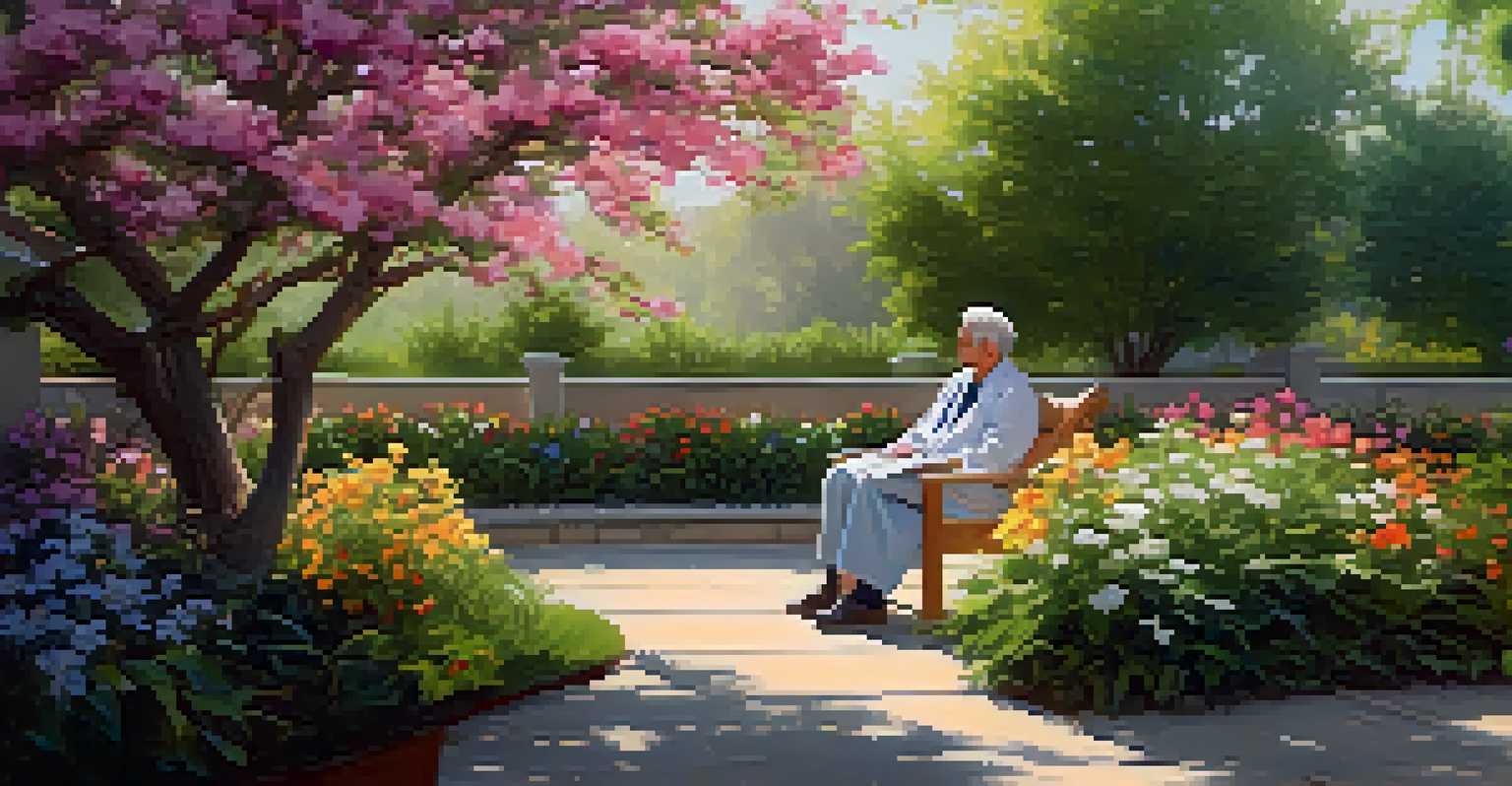 A healthcare provider discussing genetic testing results with a patient in a tranquil garden setting, surrounded by flowers and greenery.