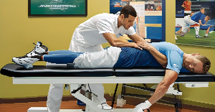 An athlete getting a chiropractic adjustment from a chiropractor in a sports-themed clinic.