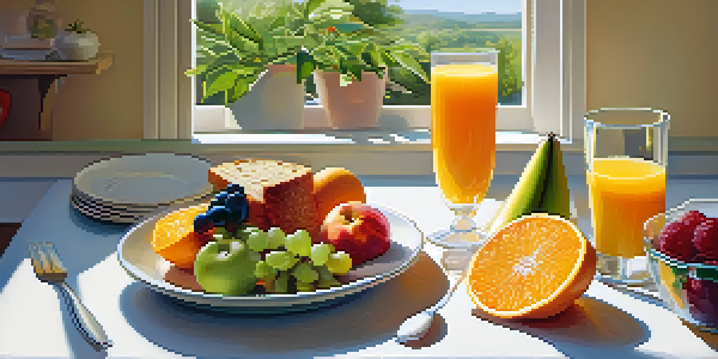 A close-up of a healthy breakfast table with colorful fruits, whole grain toast, and a glass of orange juice, set in a sunlit kitchen.