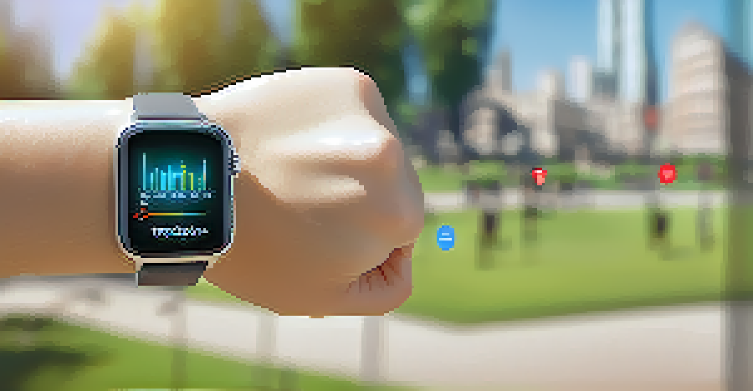 A close-up of a smartwatch on a person's wrist showing health metrics against a blurred park background.