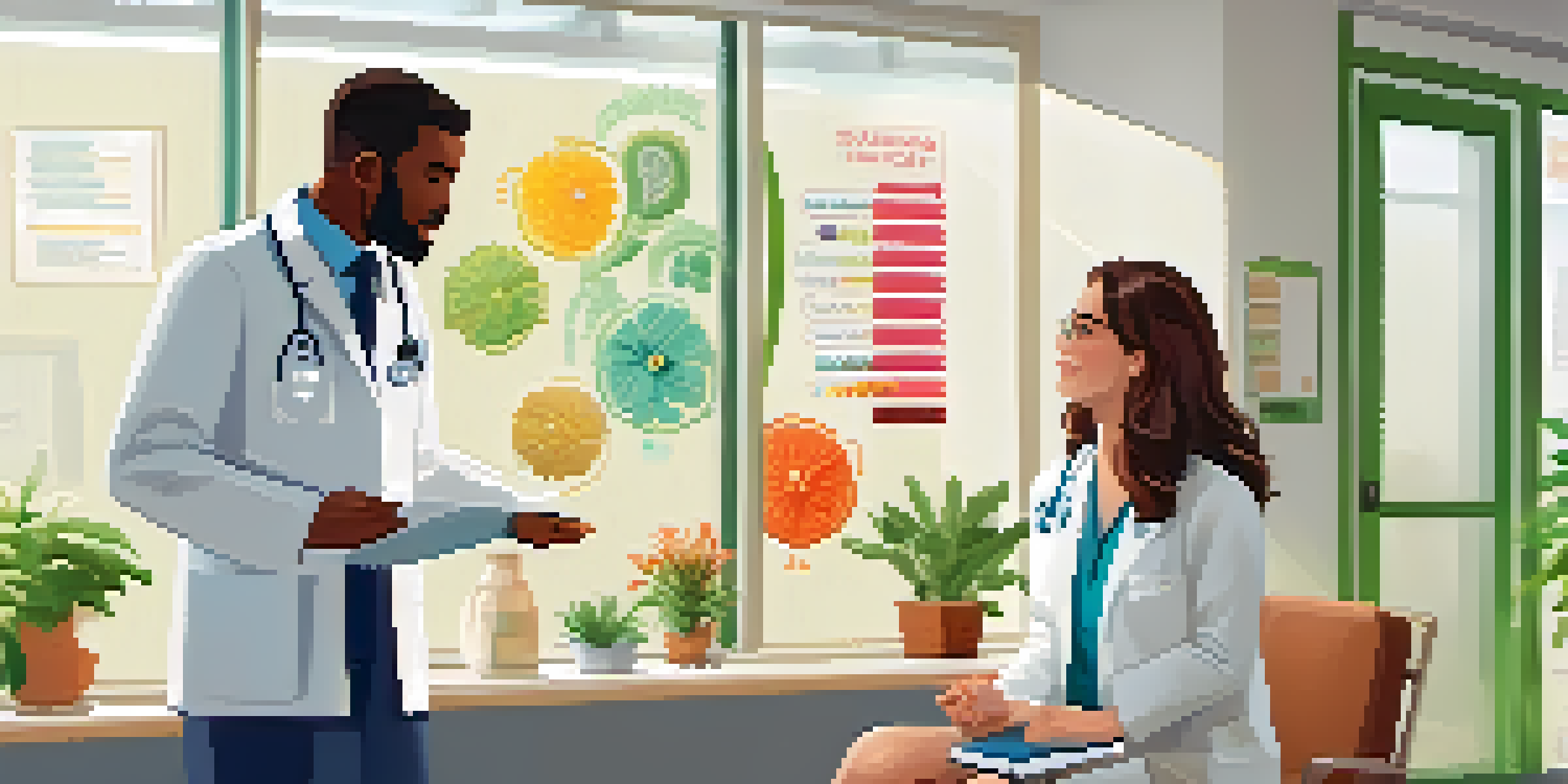 A healthcare provider explaining antibiotic use to a patient in a bright clinic, with an infographic on the wall.