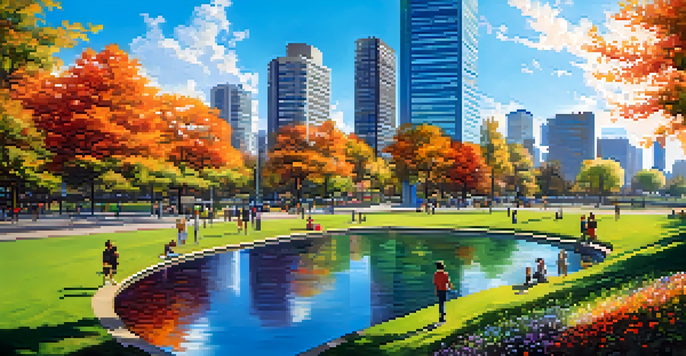 A peaceful urban park with people relaxing, vibrant greenery, flowers, and a pond under a sunny sky.