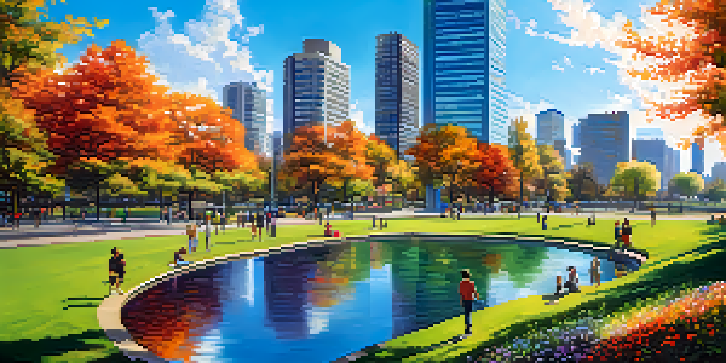 A peaceful urban park with people relaxing, vibrant greenery, flowers, and a pond under a sunny sky.