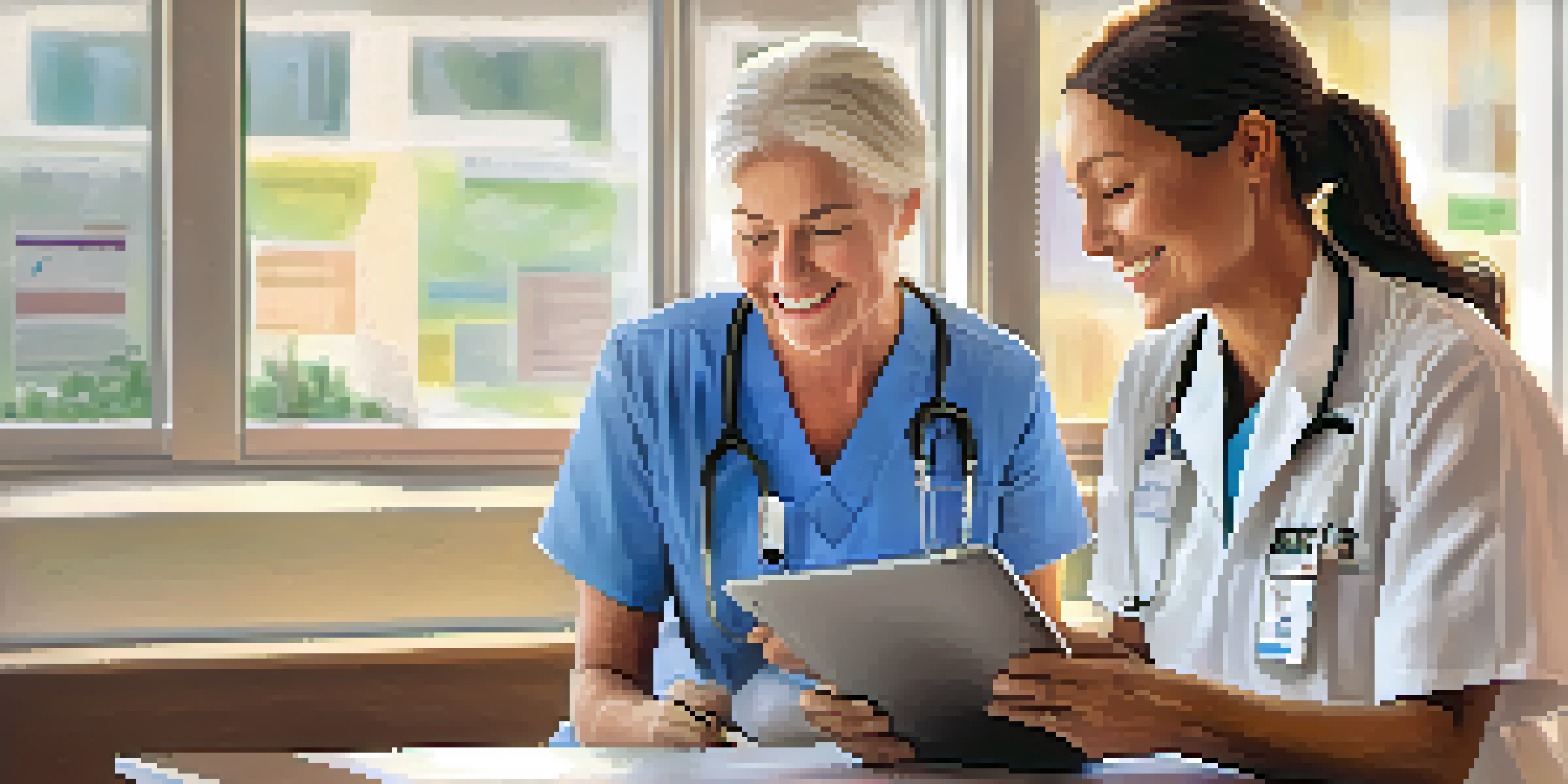 A nurse and an elderly patient having a friendly conversation in a bright hospital room, with a tablet in the nurse's hand and natural light coming through a window.