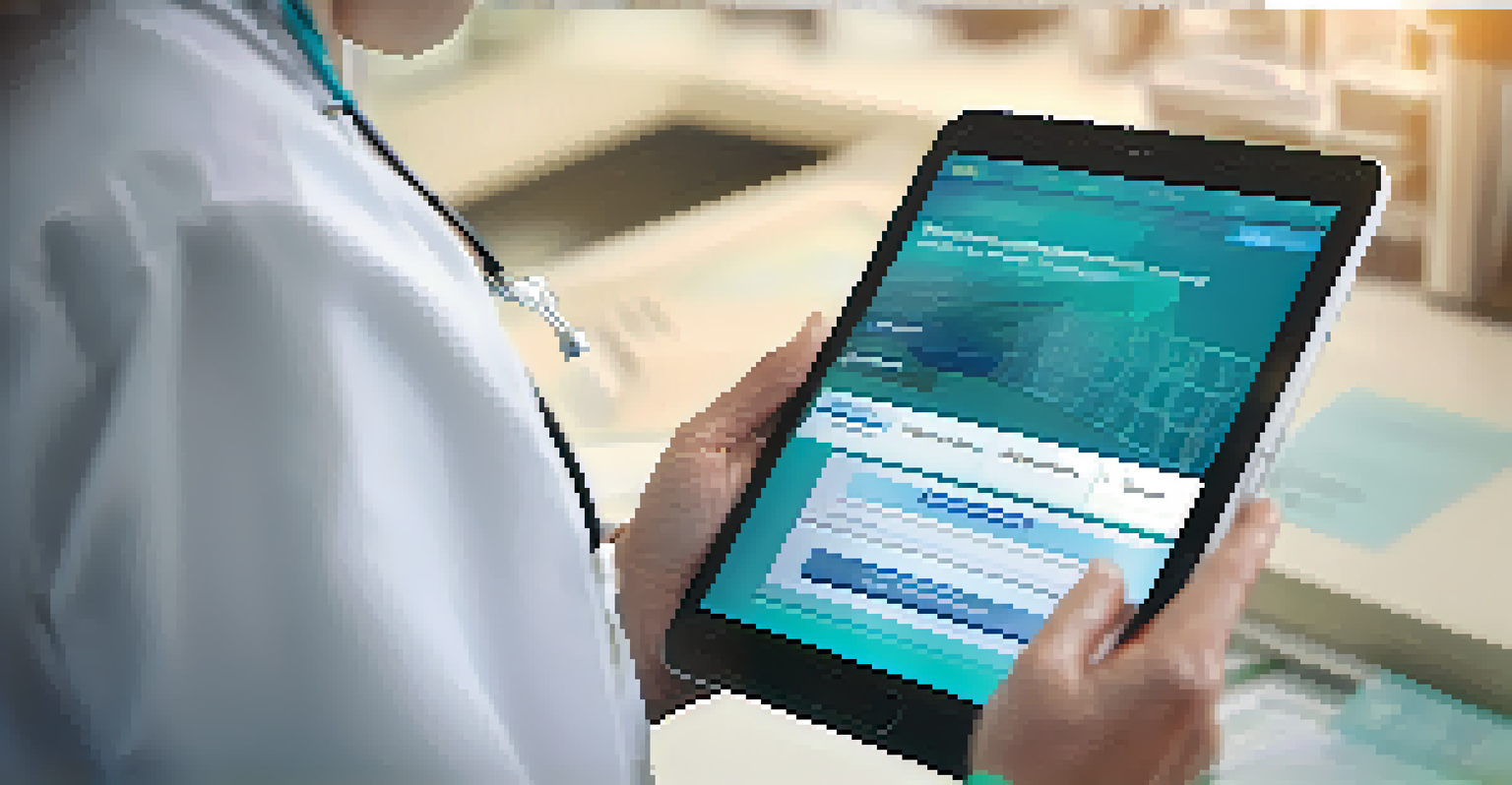 A healthcare professional's hands holding a tablet displaying a patient portal interface in a modern office.