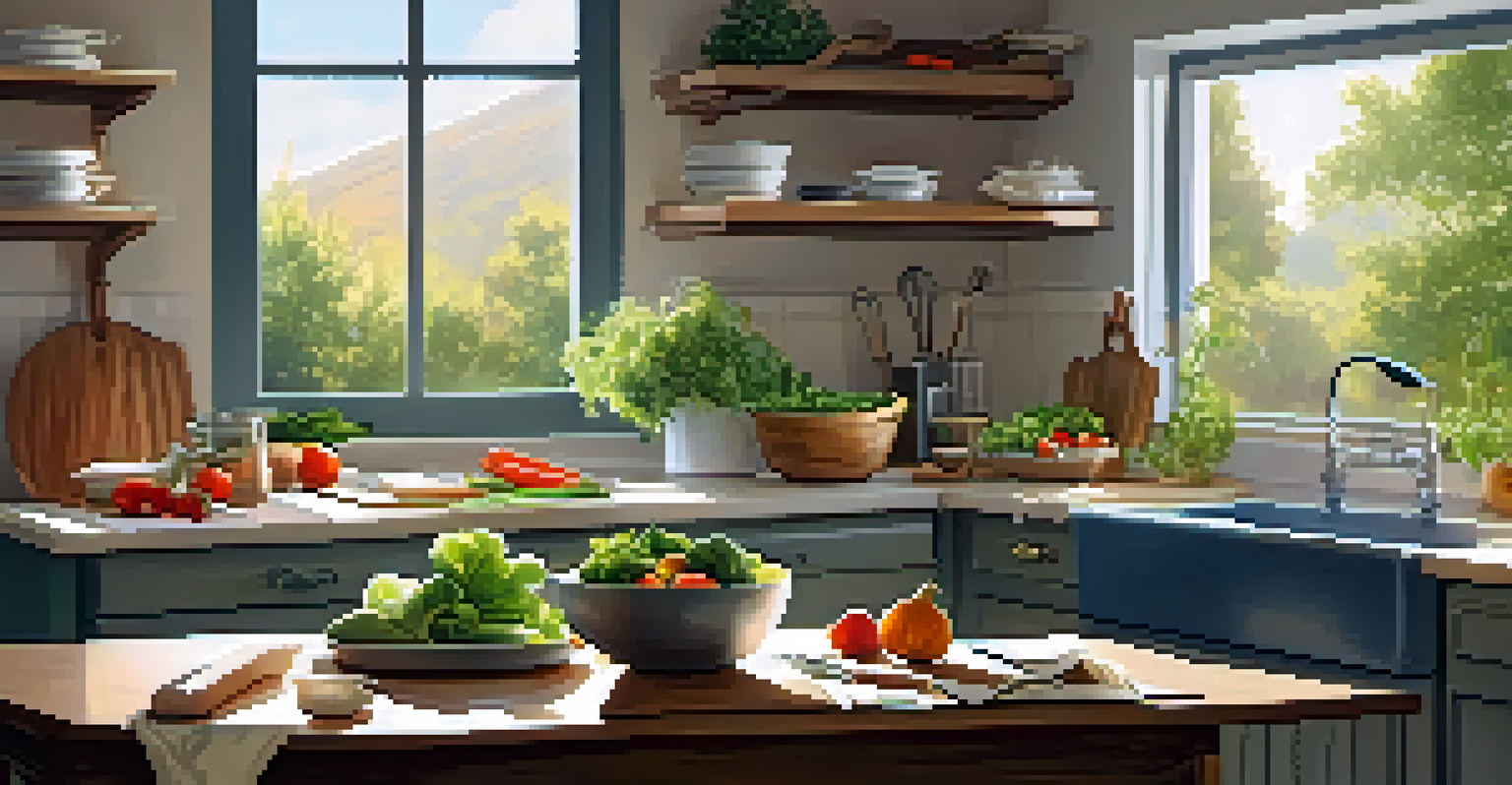 A kitchen table with fresh vegetables and healthy ingredients, illuminated by sunlight from a window.