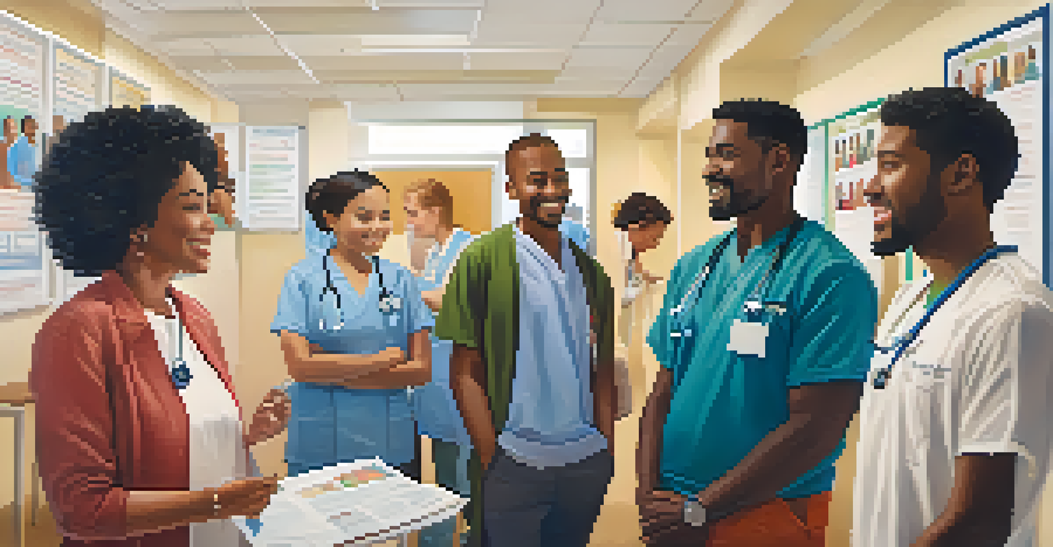 A diverse group of people in a healthcare clinic discussing health equity with a healthcare provider.