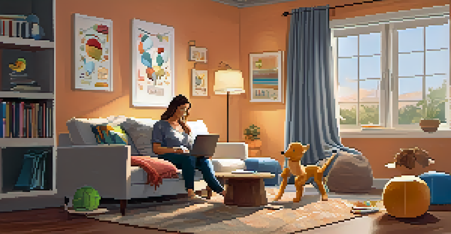 A parent setting up a cozy corner for their child during a telepsychology session, with pillows and toys in a warm-lit room.