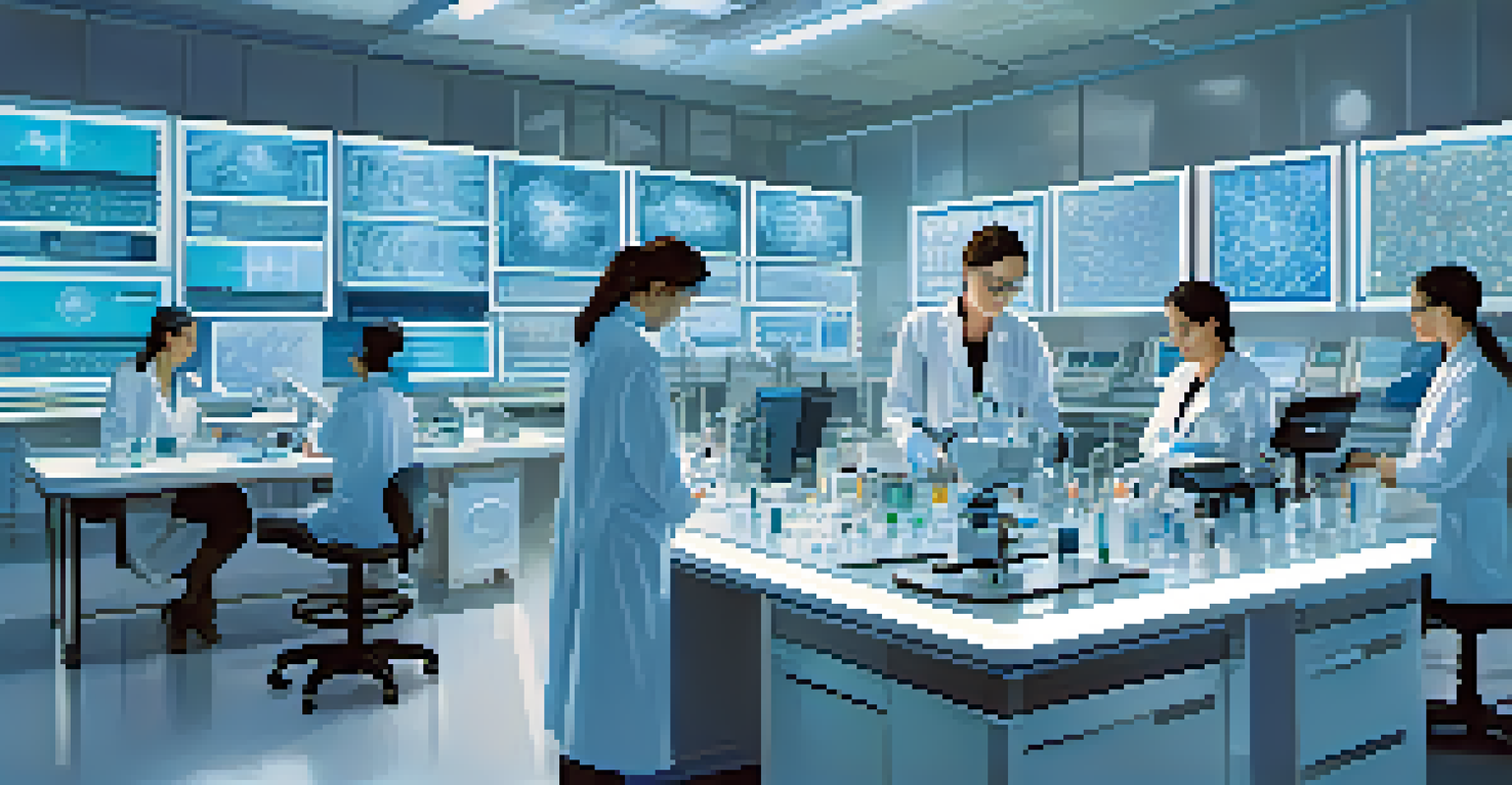 A futuristic laboratory with diverse researchers studying smart hydrogels under microscopes, surrounded by advanced technology.