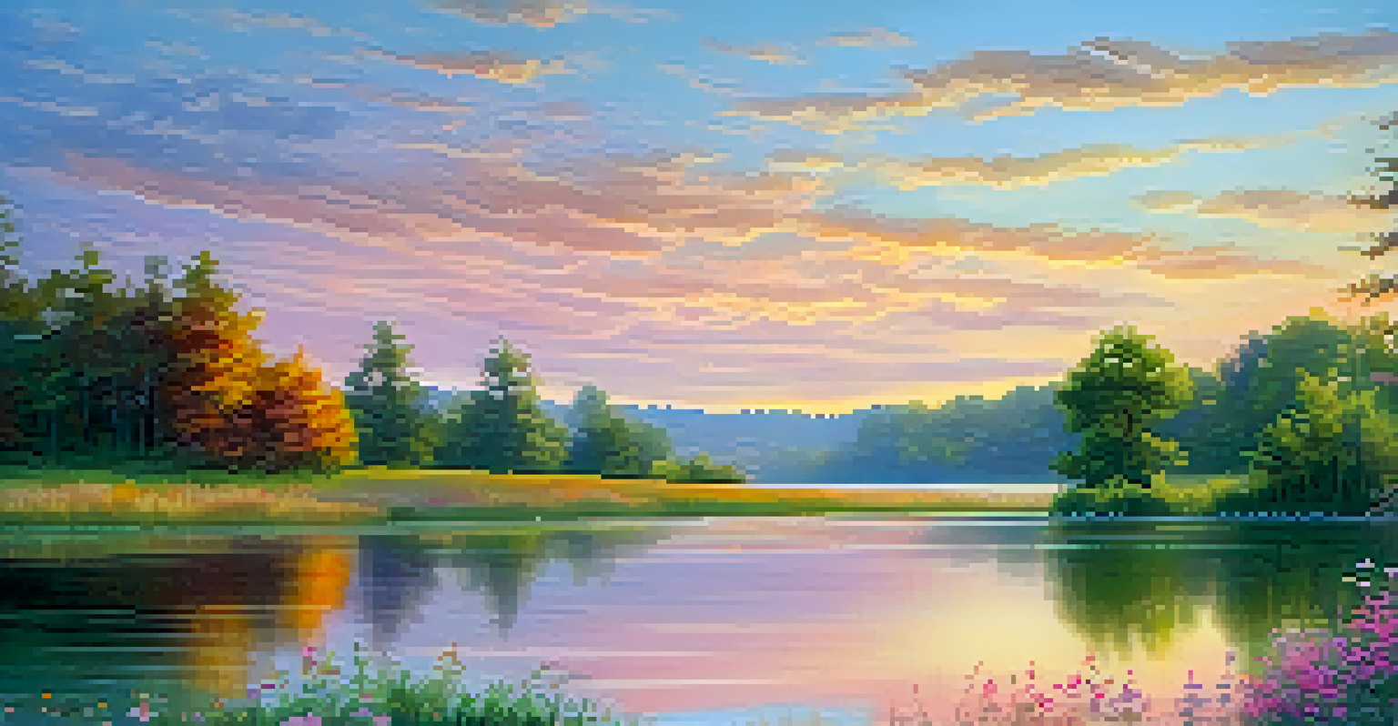 A peaceful lake at sunrise, surrounded by green trees and colorful wildflowers, with reflections in the water.