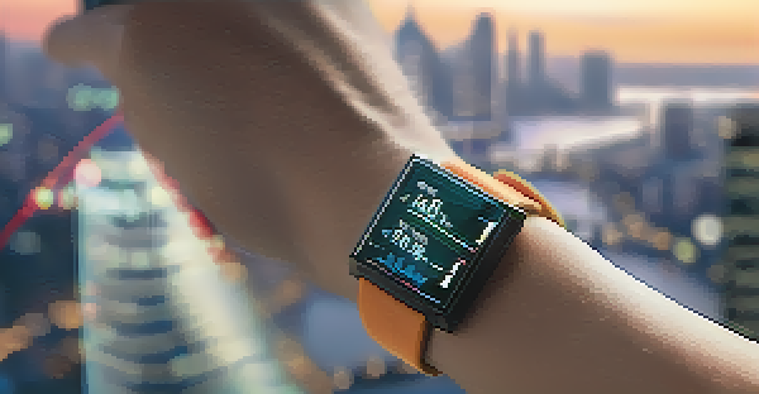 A close-up of a smartwatch showing health metrics against a blurred cityscape background.
