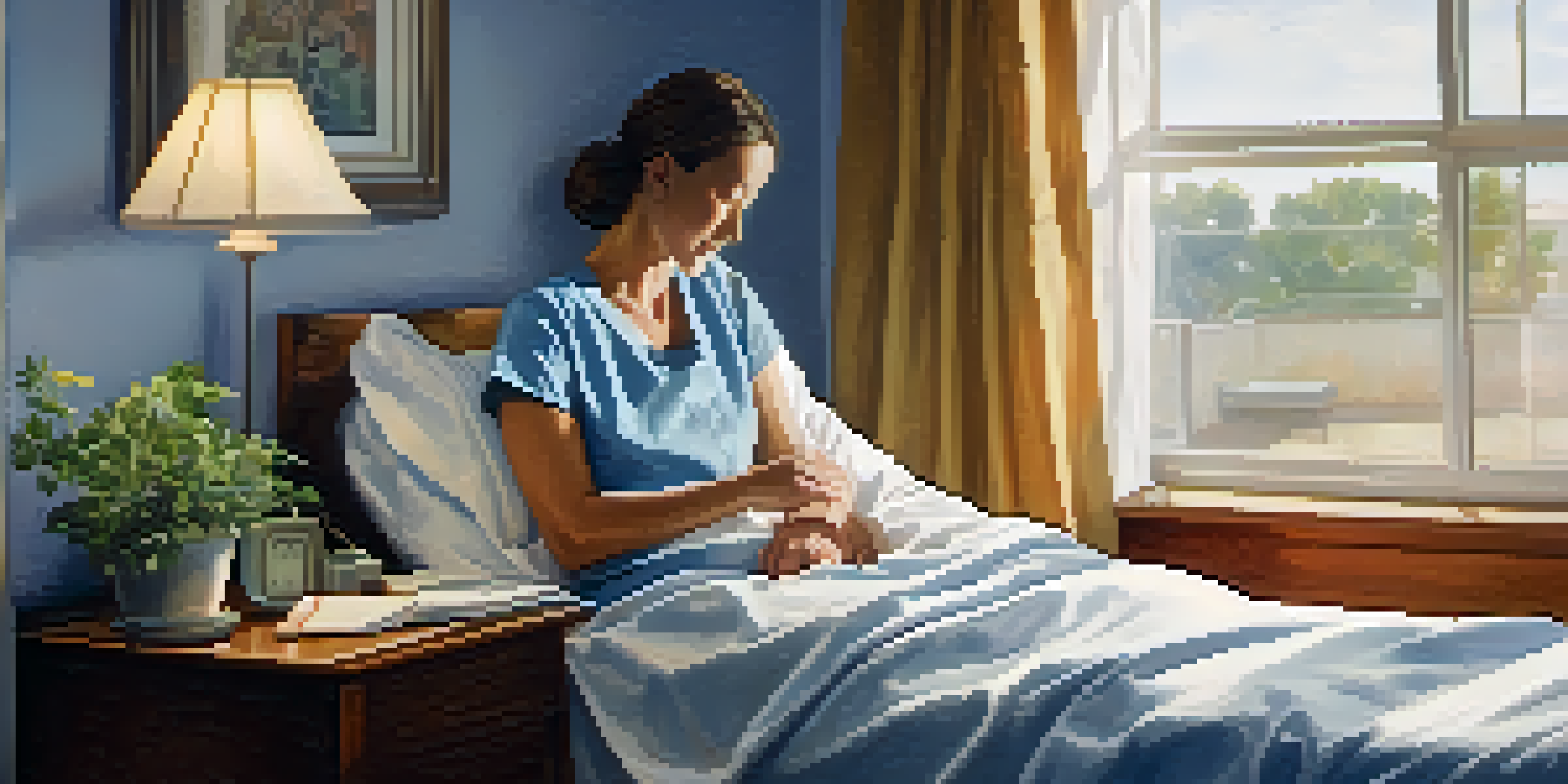 A hospital room with a patient in bed and a nurse checking her vitals, bathed in soft natural light.