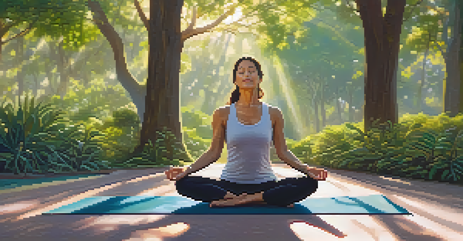 A middle-aged woman practicing yoga on a colorful mat in a peaceful park at sunrise, surrounded by trees and soft sunlight.