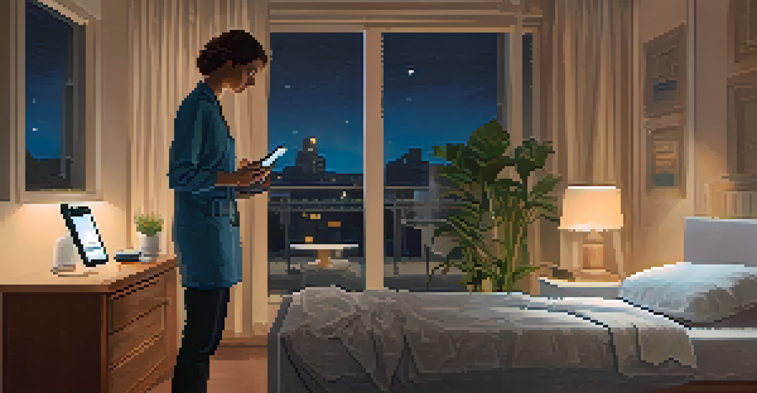 A patient using a smartphone to chat with a healthcare chatbot in a softly lit bedroom at night.