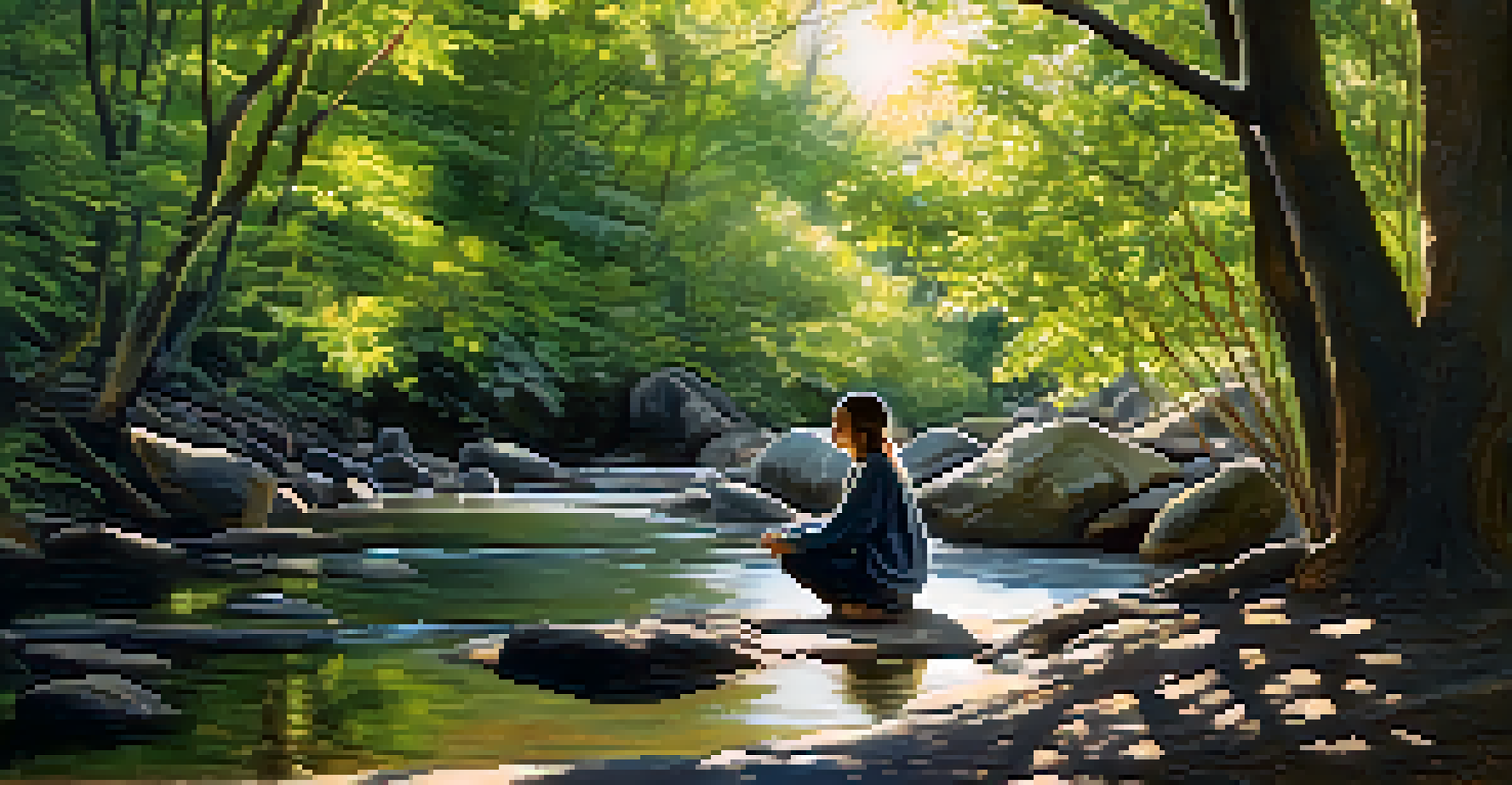 A person meditating in a serene natural environment, surrounded by trees and a flowing stream.