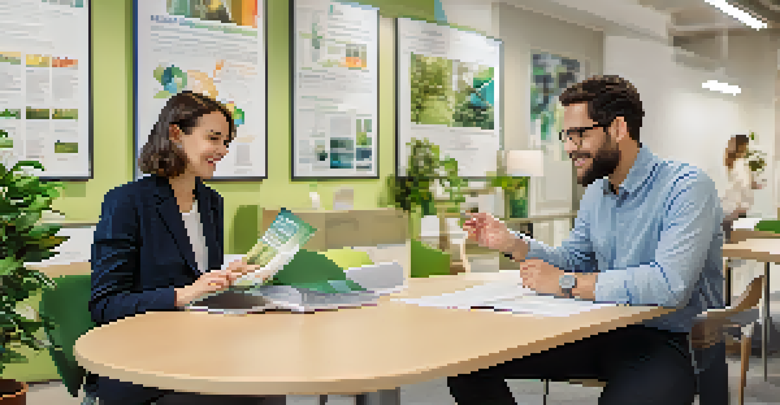 A researcher discussing a clinical trial with a participant in a bright office environment, with brochures on the table.