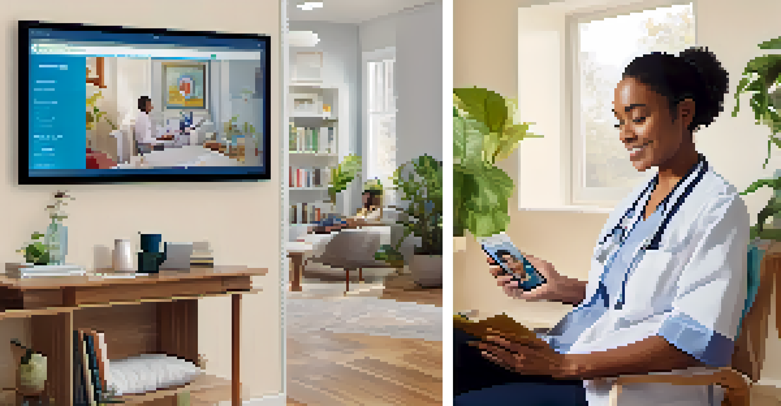 A split-screen image of a telehealth consultation, showing a healthcare provider on a smartphone and a patient in a bright living room.