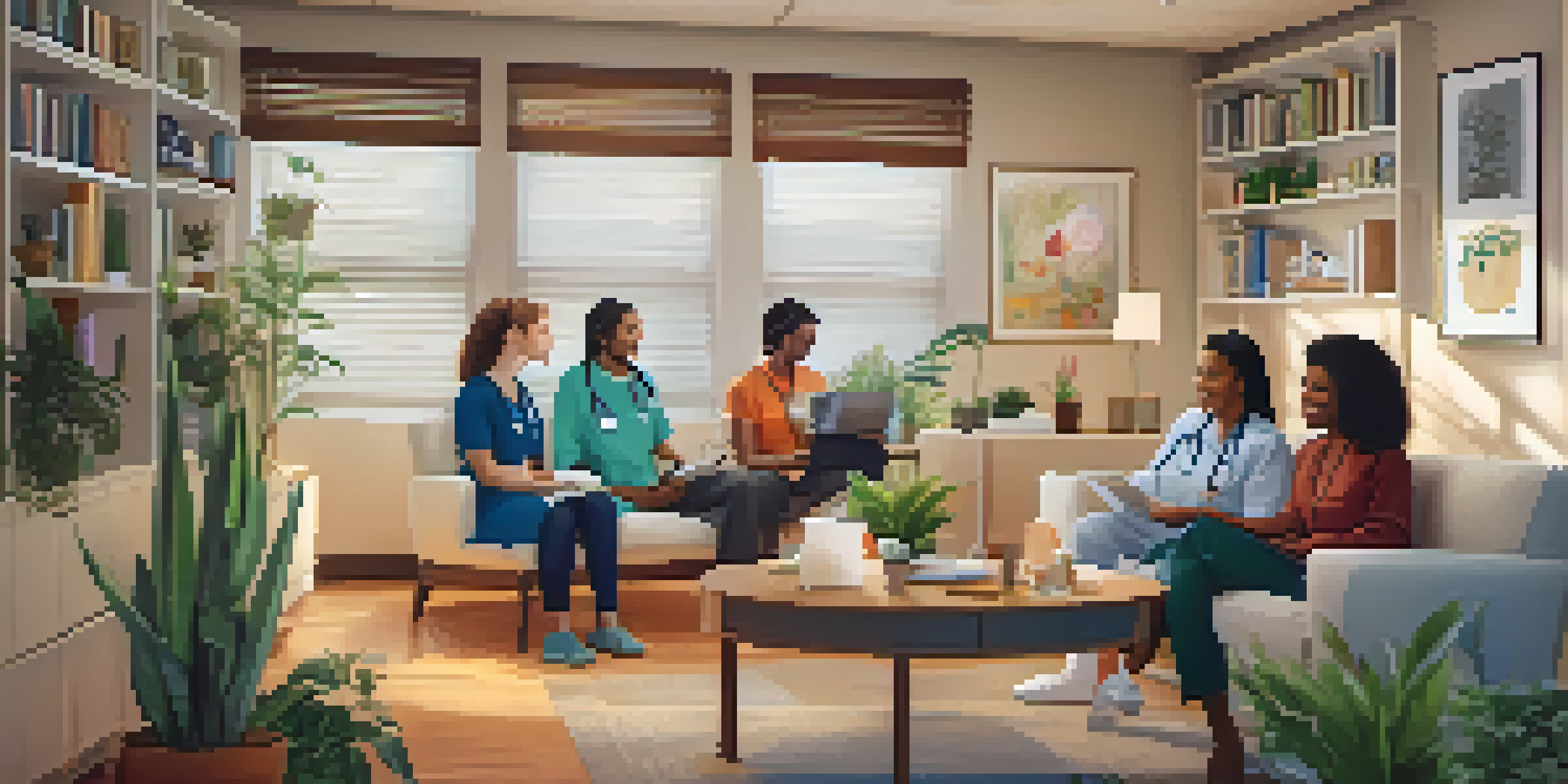 A warm home office with diverse healthcare professionals consulting with a patient via video call, creating an inclusive environment.