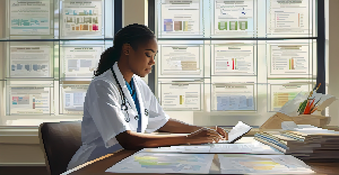 A healthcare professional examining a family health history chart at a desk, with natural light illuminating the scene.