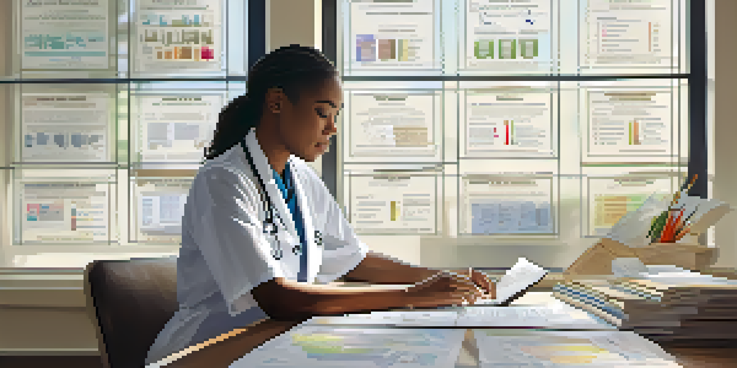A healthcare professional examining a family health history chart at a desk, with natural light illuminating the scene.