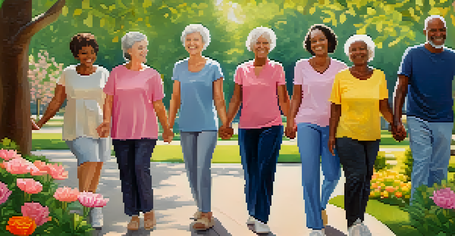 A diverse group of cancer survivors standing in a circle, smiling in a sunny park filled with blooming flowers.