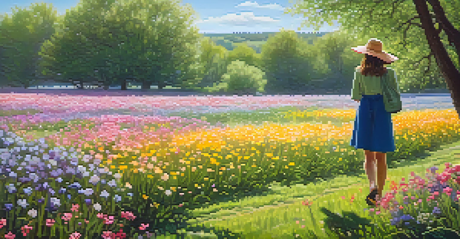 A person sneezing in a field of blooming flowers during spring with pollen in the air.