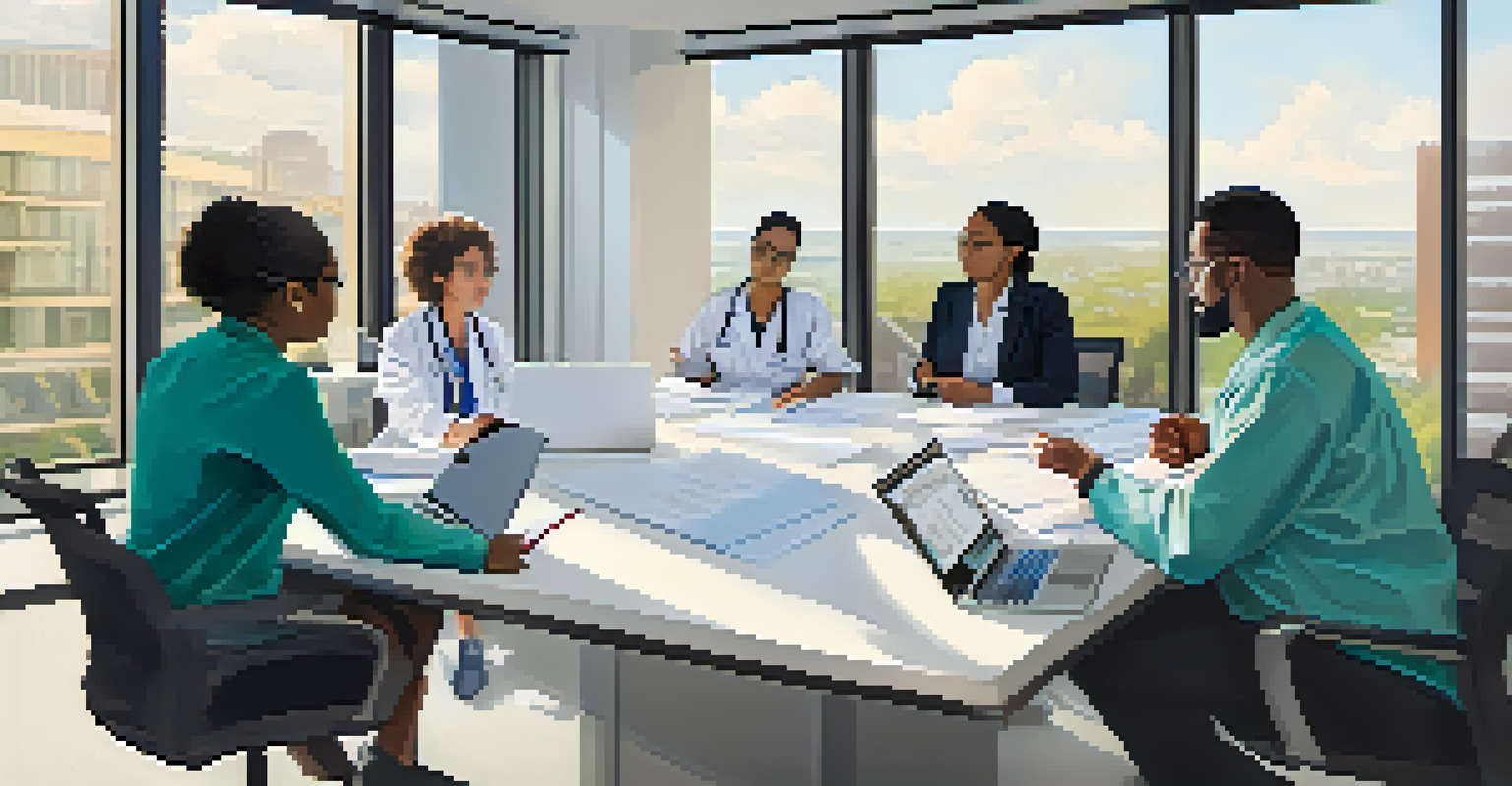 A diverse group of healthcare professionals discussing research around a table in a bright conference room with large windows.