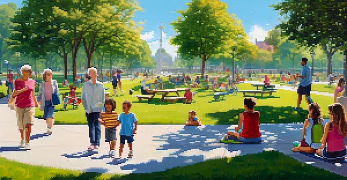A vibrant park scene showing people of different ages involved in various activities like playing, jogging, and sitting on benches, under a sunny sky.