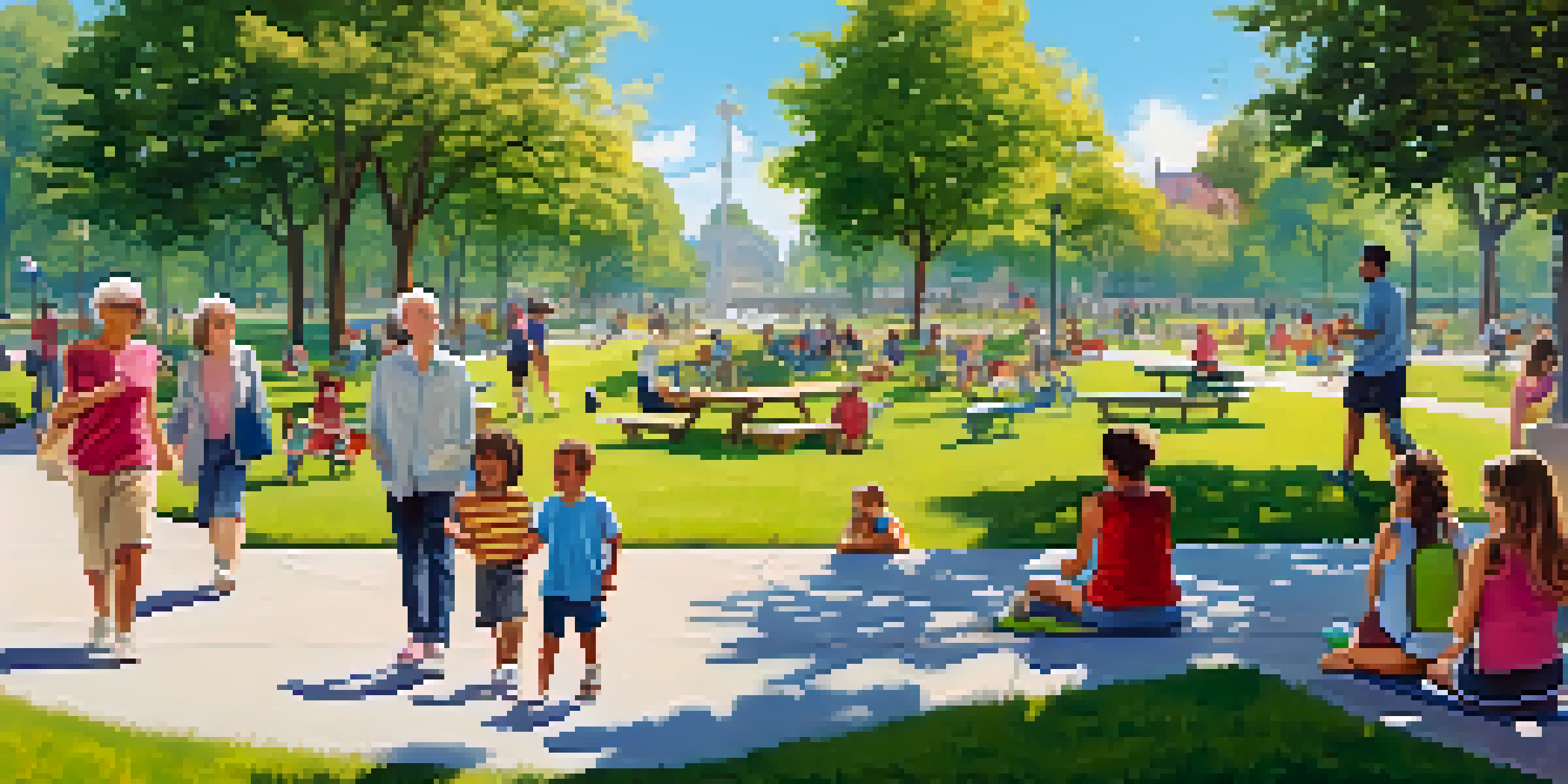 A vibrant park scene showing people of different ages involved in various activities like playing, jogging, and sitting on benches, under a sunny sky.