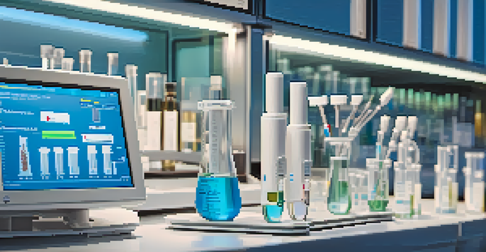 A laboratory with biomarker testing equipment, featuring test tubes, pipettes, and a digital display.