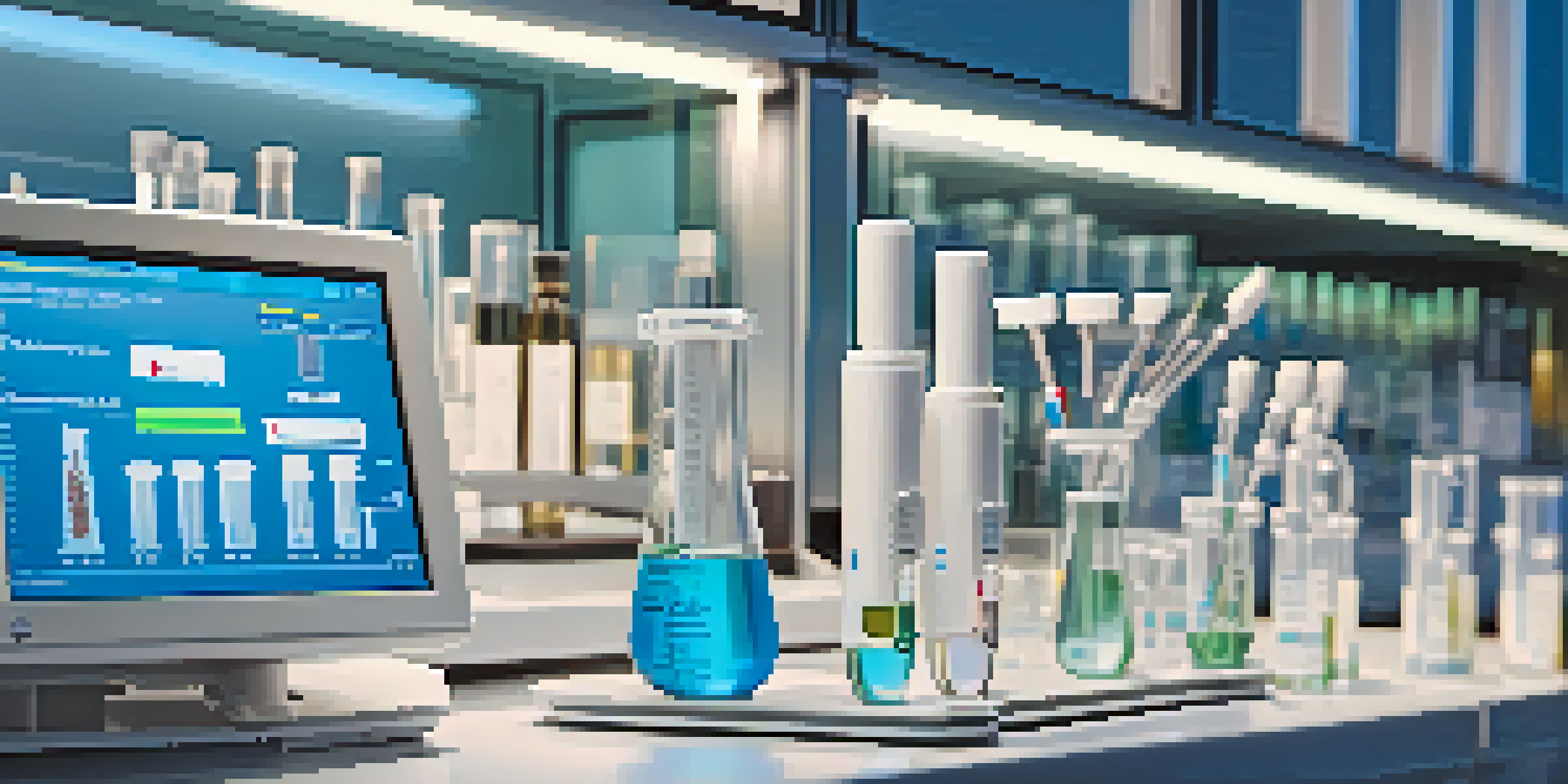 A laboratory with biomarker testing equipment, featuring test tubes, pipettes, and a digital display.