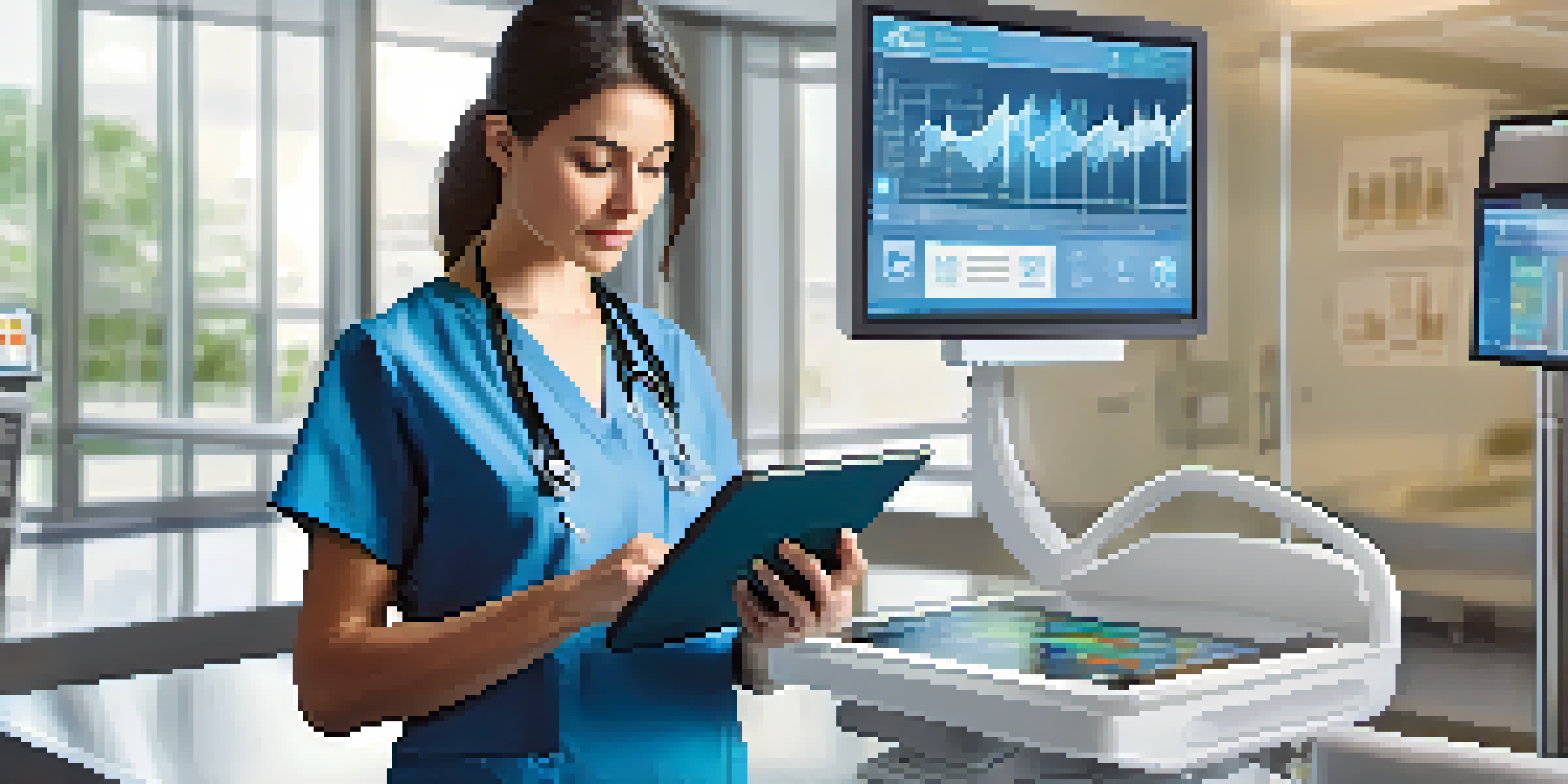 A healthcare professional analyzing patient data on a tablet in a modern hospital, surrounded by medical equipment and natural lighting.