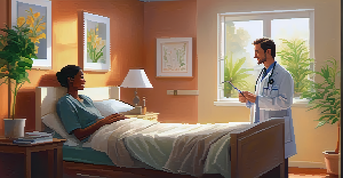 A warm and inviting healthcare setting with a doctor and patient having a friendly conversation in a well-decorated clinic.