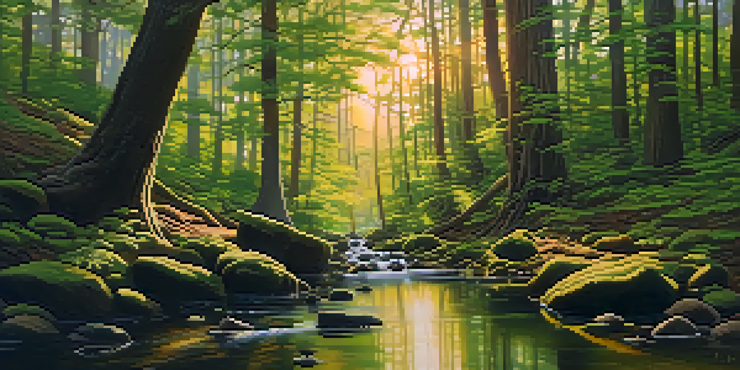A peaceful forest landscape with sunlight filtering through trees and a clear stream flowing.