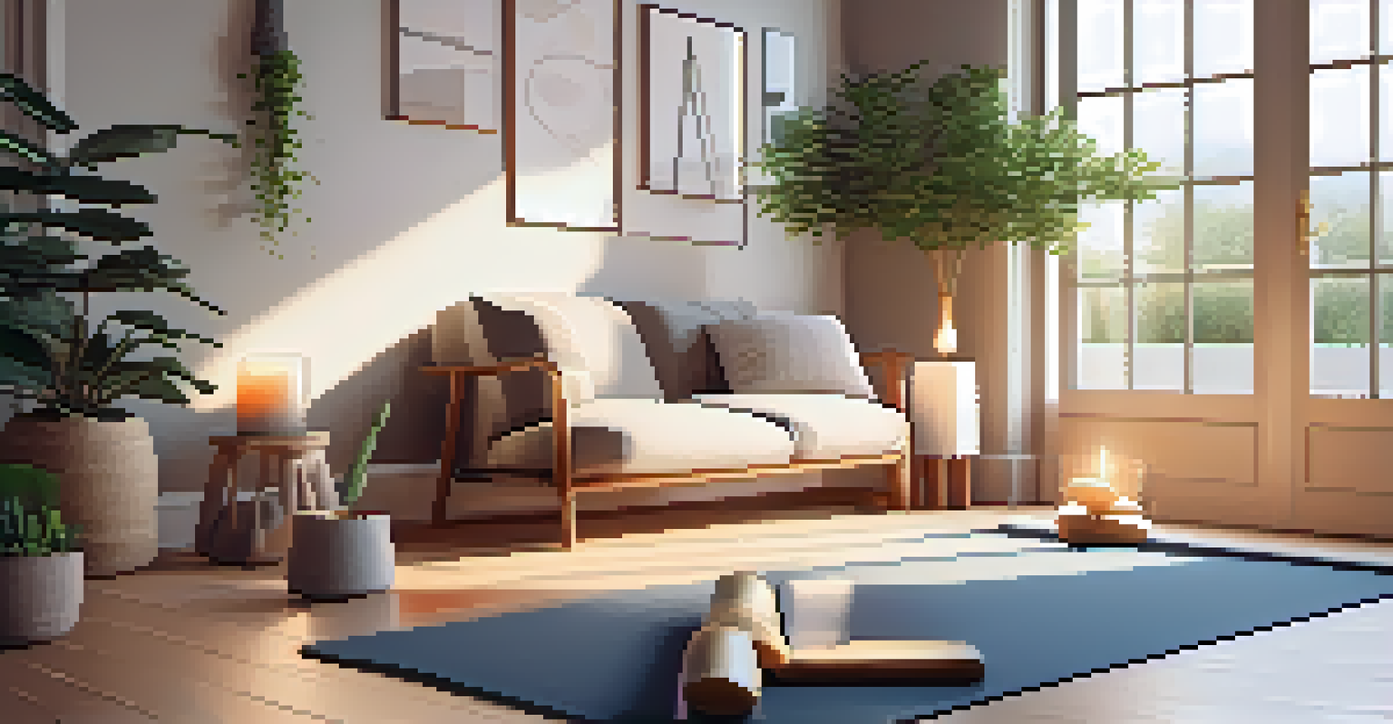 A cozy indoor corner with a yoga mat, candles, and a plant, creating a calming atmosphere for relaxation.