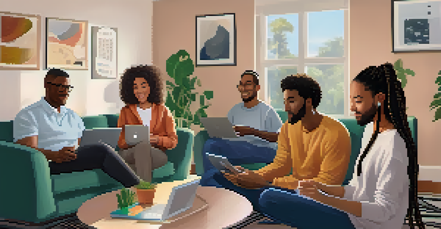 A diverse group of individuals participating in a virtual therapy session from different locations, each displaying a friendly demeanor.