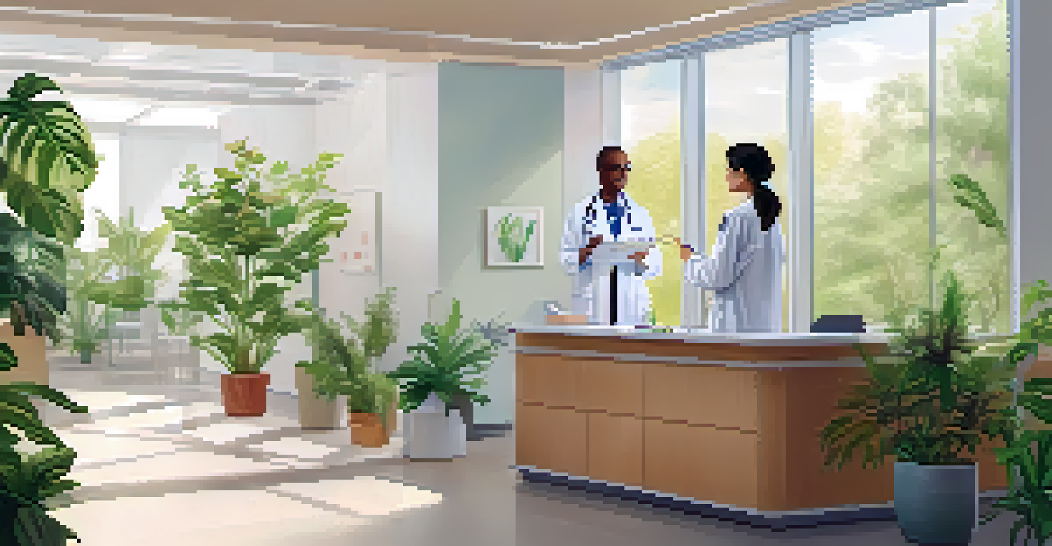A healthcare professional discussing genetic test results with a patient in a bright, modern clinic filled with plants and natural light.