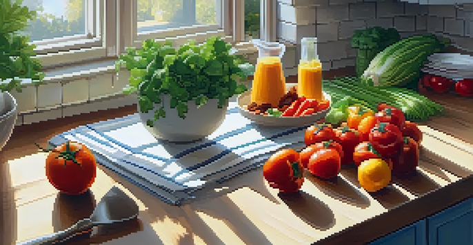 A bright kitchen with fresh fruits and vegetables on the countertop, an open cookbook, and natural light coming through the window.