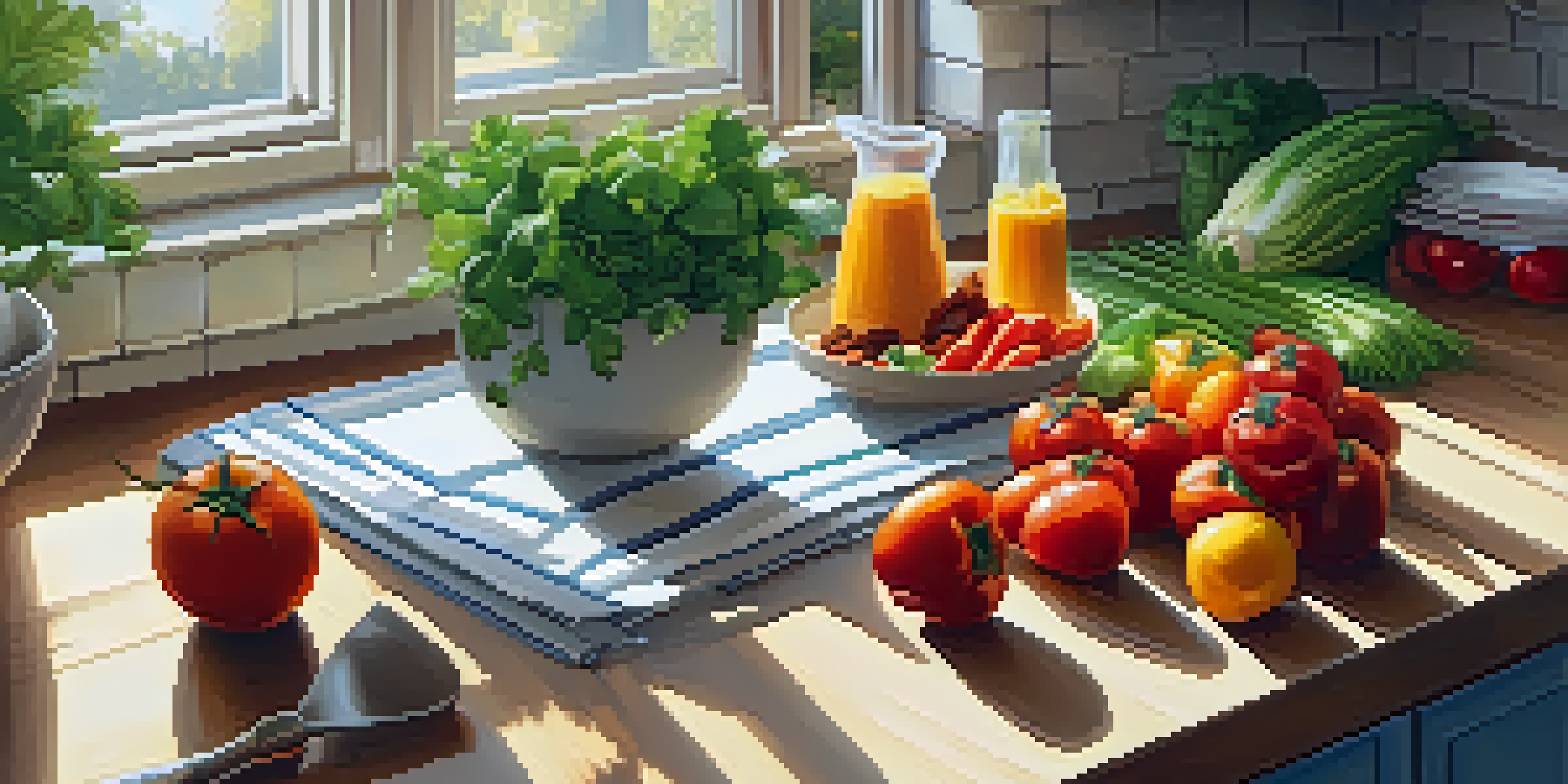 A bright kitchen with fresh fruits and vegetables on the countertop, an open cookbook, and natural light coming through the window.