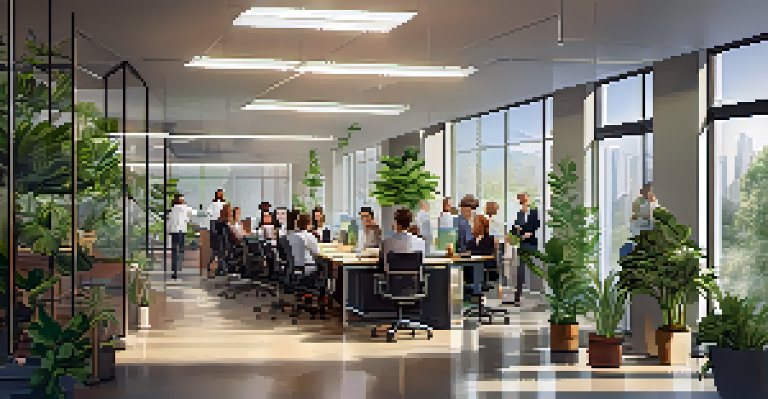 Employees collaborating in a modern office with safety posters on walls, focusing on mental health and well-being.