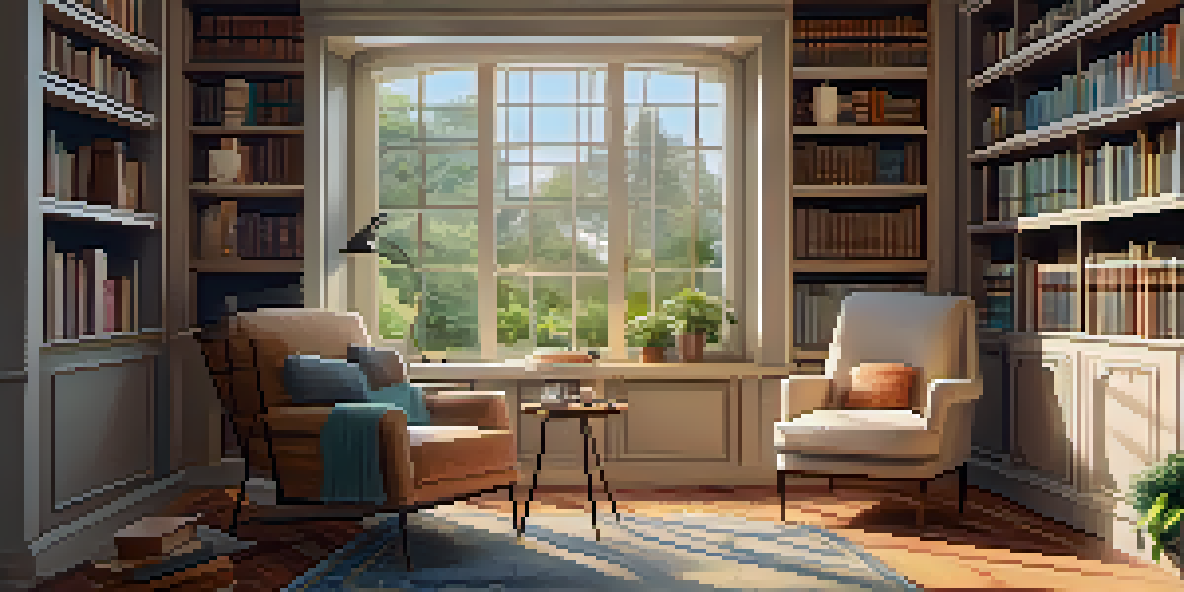 A warm and inviting therapy room with a comfortable armchair, a coffee table, and a bookshelf, creating a peaceful atmosphere for psychological healing.