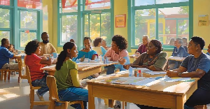 A diverse group of individuals attending a health literacy workshop in a bright community center, surrounded by posters and educational materials.