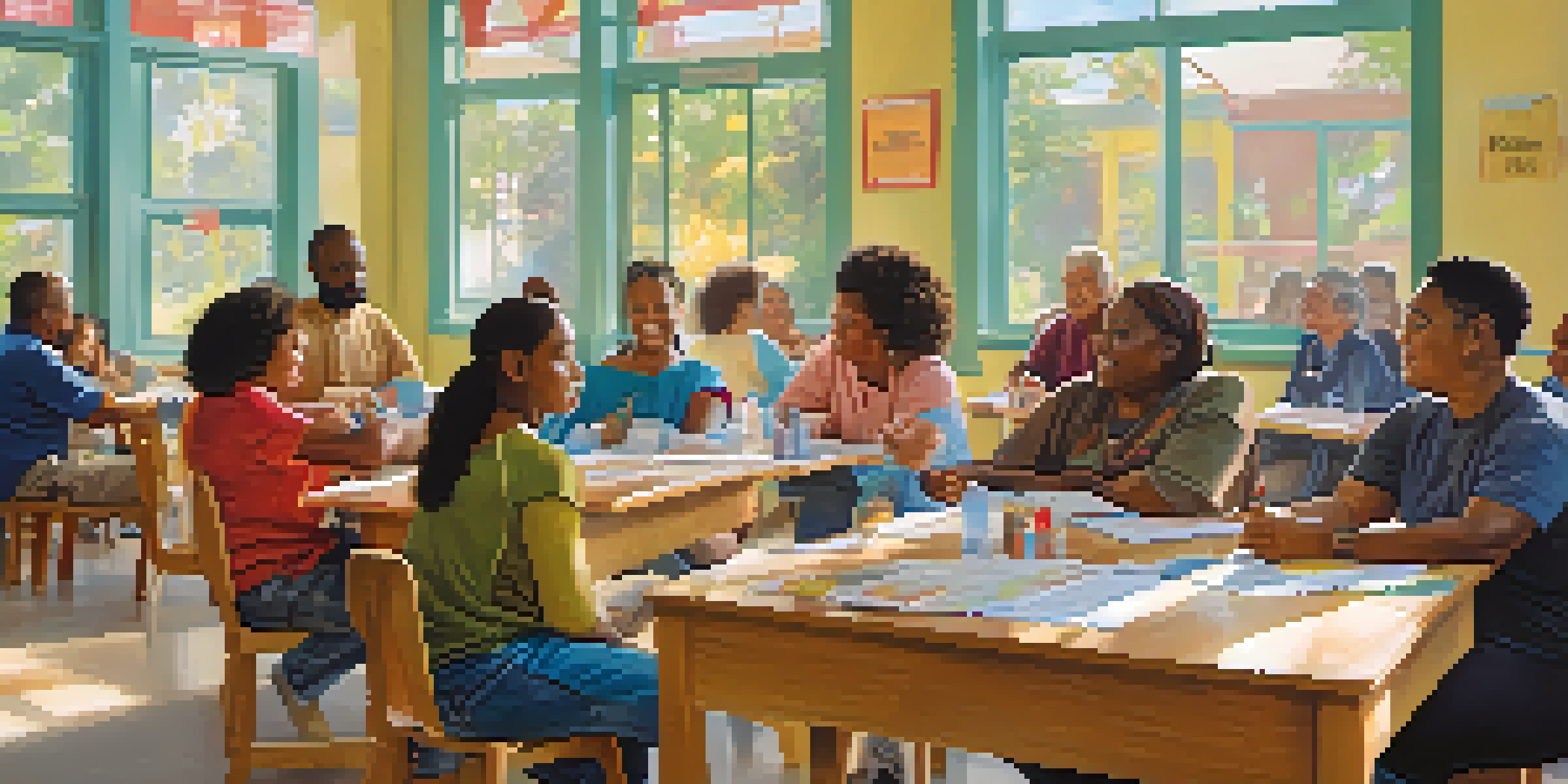A diverse group of individuals attending a health literacy workshop in a bright community center, surrounded by posters and educational materials.