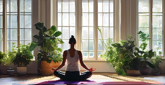 A woman in comfortable clothing practicing yoga in a bright, plant-filled room, emphasizing relaxation and mental health.